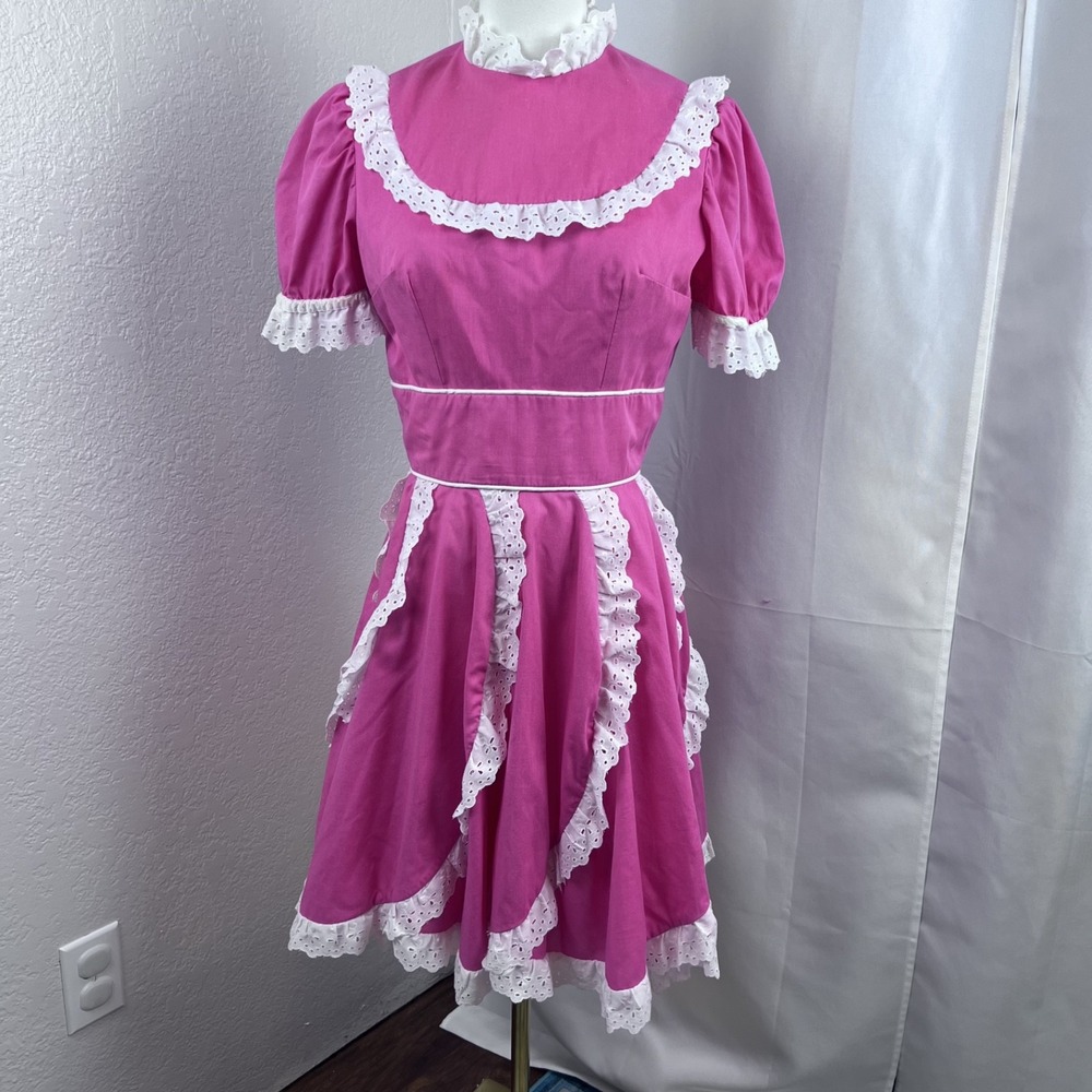 Vintage Square Dance Dress Womens Small Pink Eyelet Lace Prairie Western Cottage